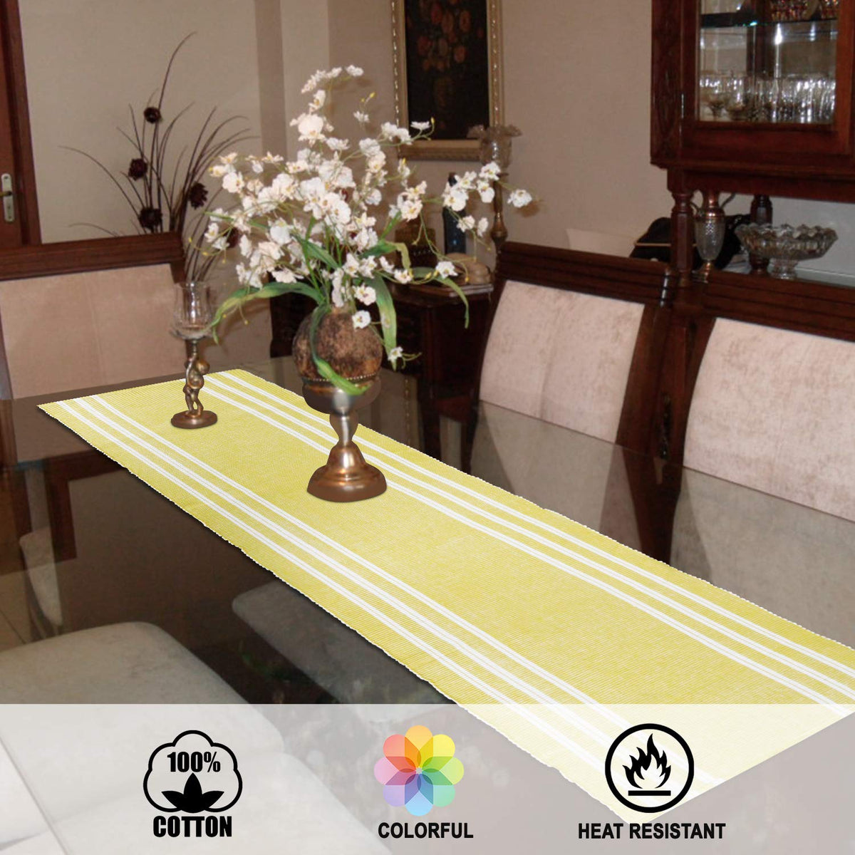 Buy Yellow Colour Heat Resistant Cotton Ribbed Dining Table Runner - HOKIPO | Har Ghar ka Humsafar