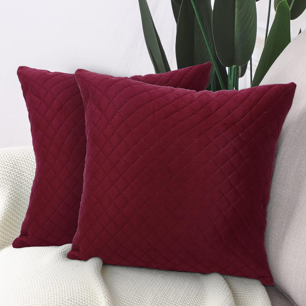Buy Sangria Red Colour Quilted Velvet Pillow Covers in set of 2