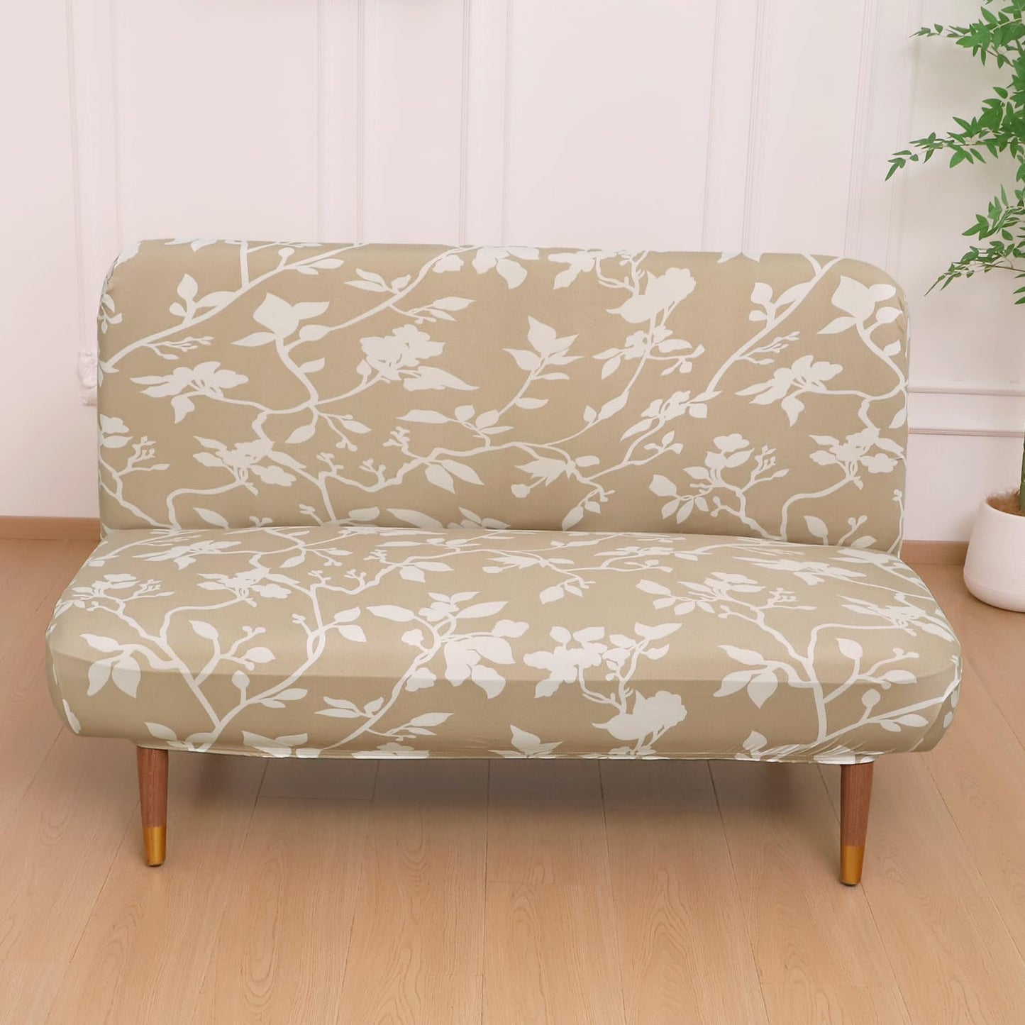 Elira Series Stretchable Elastic Armless Sofa Cover – 140 GSM, Futon Slipcover, Easy Fit, Buff Brown Sillehoute Floral