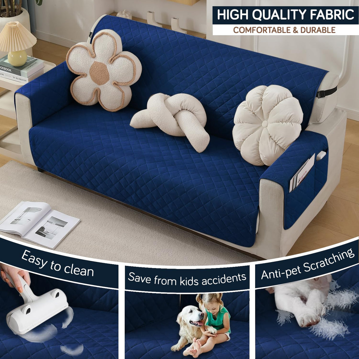 Navy Blue colour Quilted Waterproof Sofa Protector for 2 Seater – Durable, Comfortable & Anti-Slip