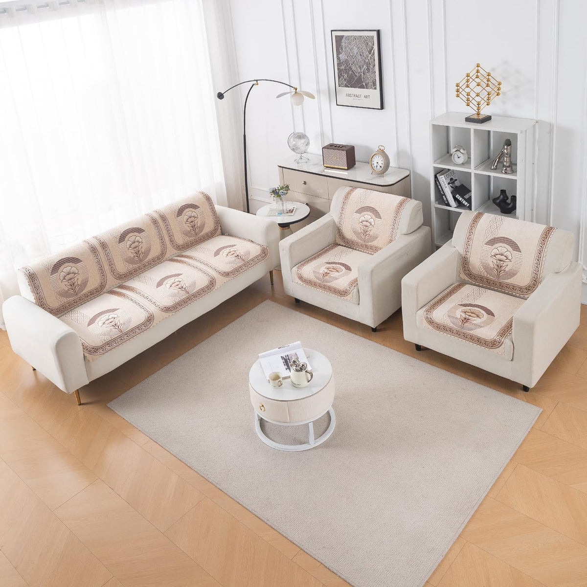 Royal Aangan Premium Chenille Jacquard Sofa Cover 5 Seater Set 3+1+1 Sofa Cover for Seat & Back, Noor Beige