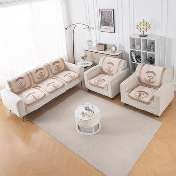 Royal Aangan Premium Chenille Jacquard Sofa Cover 5 Seater Set 3+1+1 Sofa Cover for Seat & Back, Noor Beige