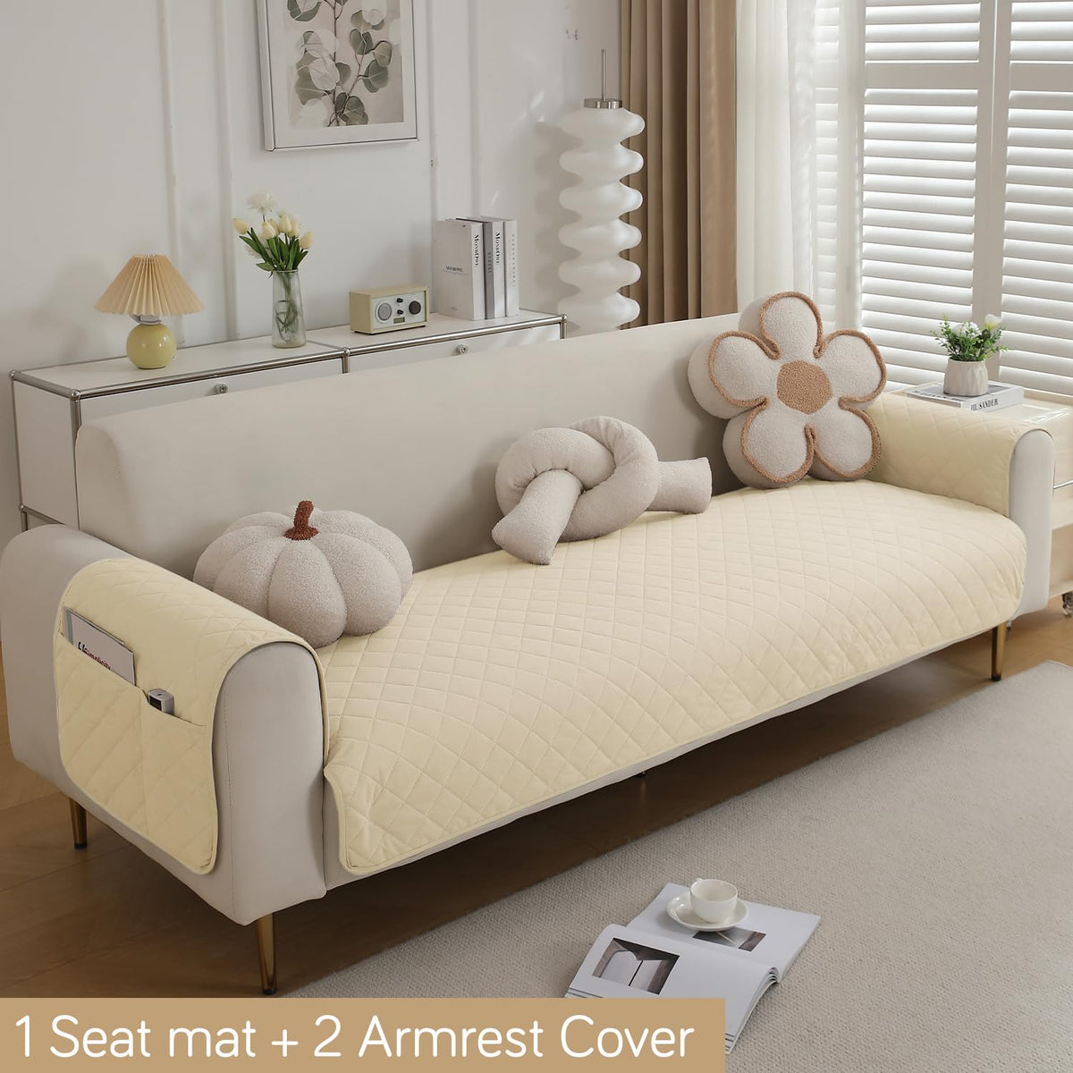 Quilted Waterproof Sofa Seat Mat for 1/2/3 Seater Sofa with 2 Armrest Covers with Pockets, Cream