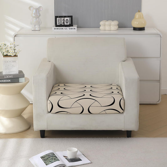 140 GSM Stretchable Printed Elastic Sofa Cushion Seat Cover for 1 /2 /3 Seaters / Pieces for Sofa, Natural Beige Abstract Art