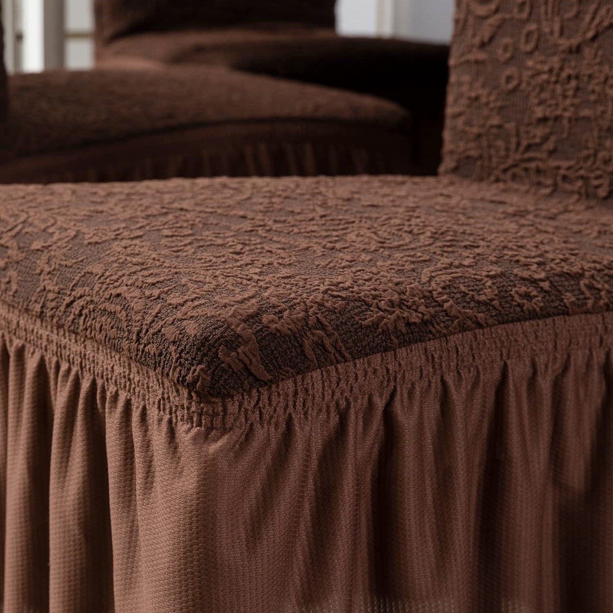 Elastic Stretchable Designer Woven Jacquard Dining Chair Cover with Frill, Pecan Brown