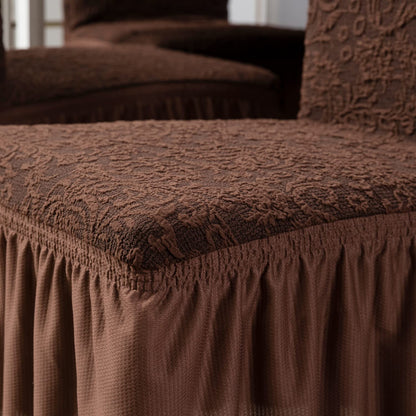 Elastic Stretchable Designer Woven Jacquard Dining Chair Cover with Frill, Pecan Brown