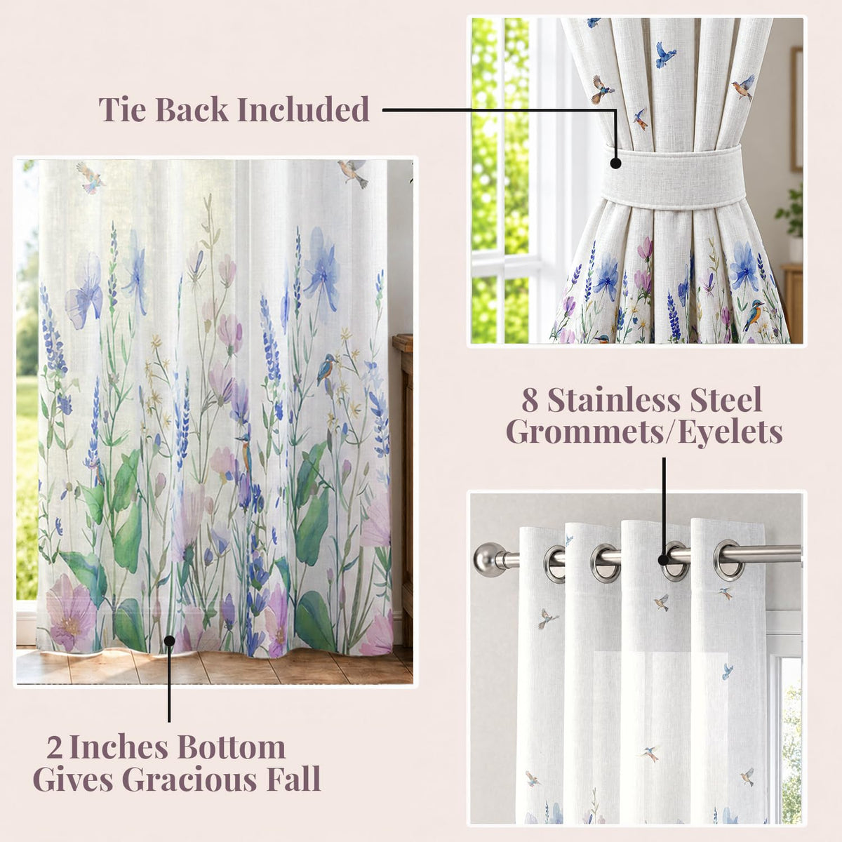 HOKIPO Meadow Bloom Sheer Curtains, 7 Feet Long - Bluebird Blossom - image 4