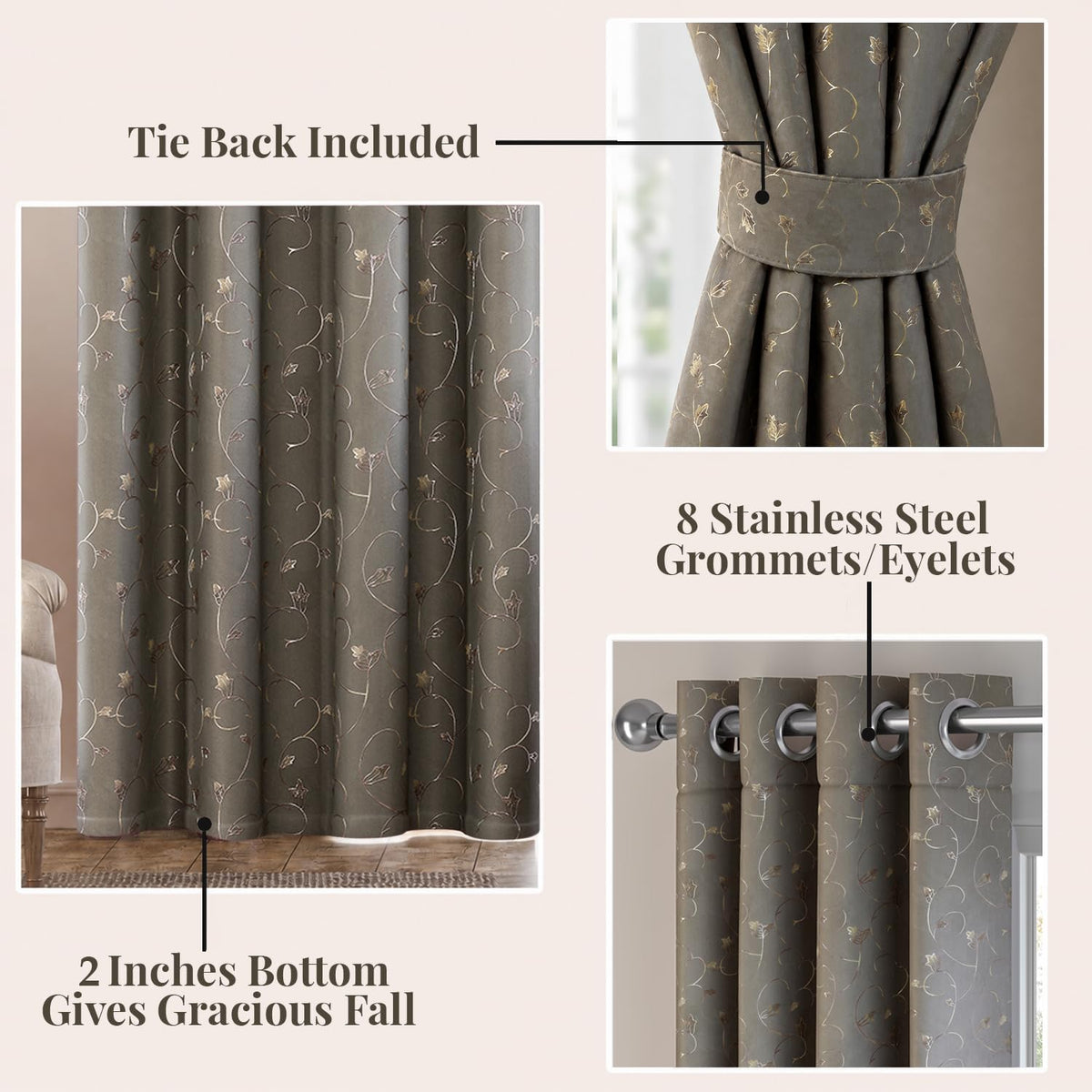 HOKIPO Golden Vine Eyelet Curtains, 7 Feet Long - Ash Grey - image 3