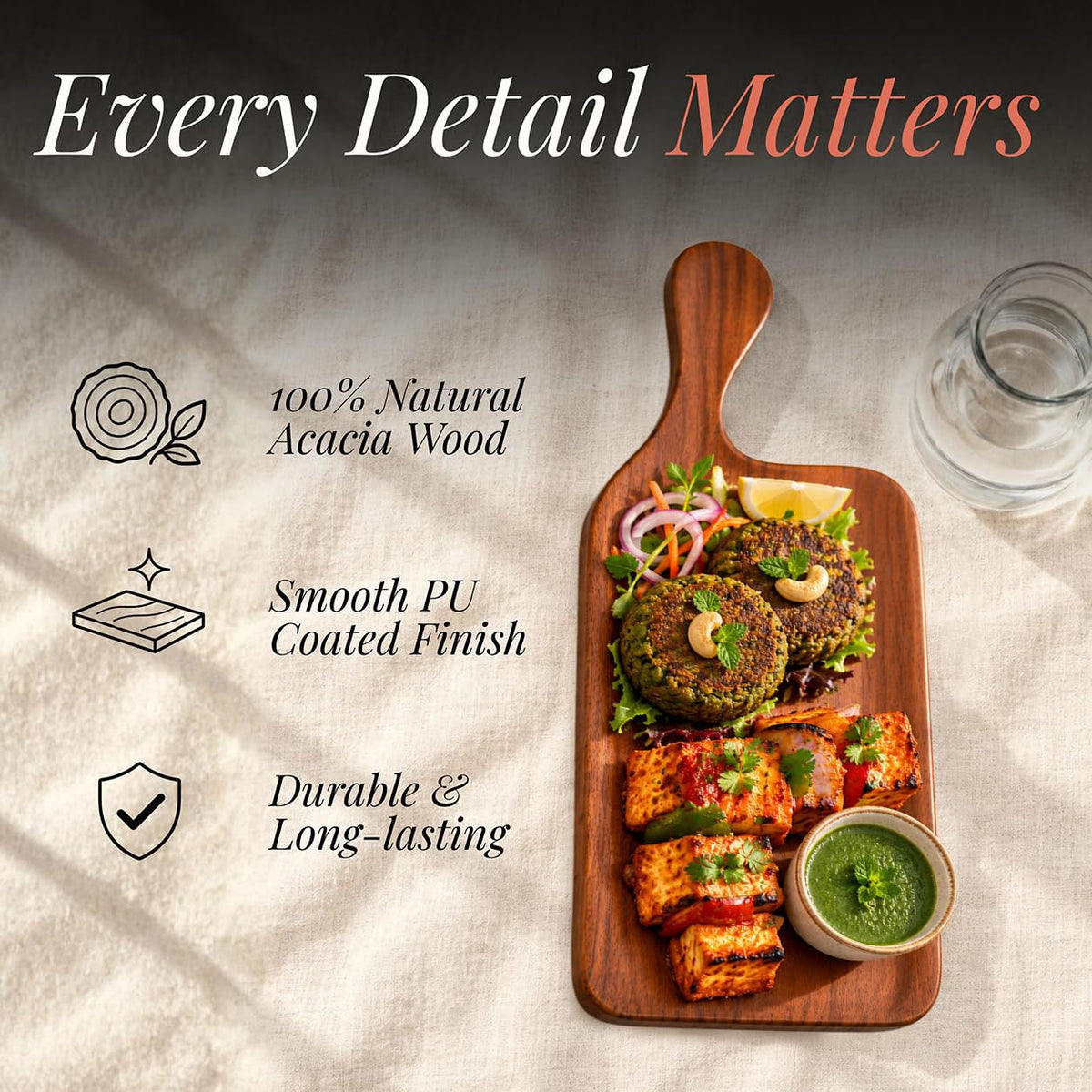 HOKIPO Arbor Acacia Wood Serving Board with Handle, Platter, 42 x 19.5 cm - image 3