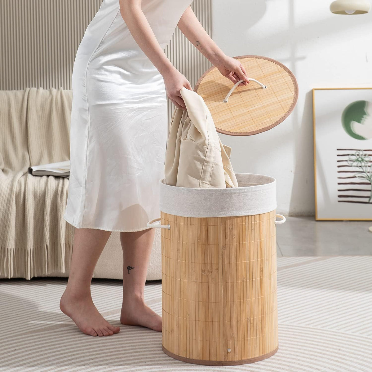 Eco-Friendly Foldable Bamboo Laundry Basket Hamper with Lid, Large - 57 Liter, Light Brown