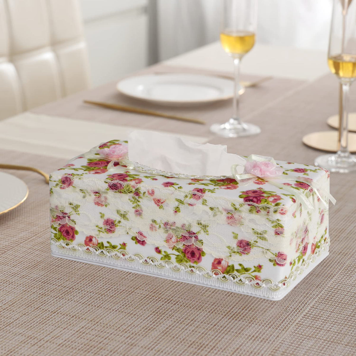 Plastic Tissue Paper Box Holder, Floral White