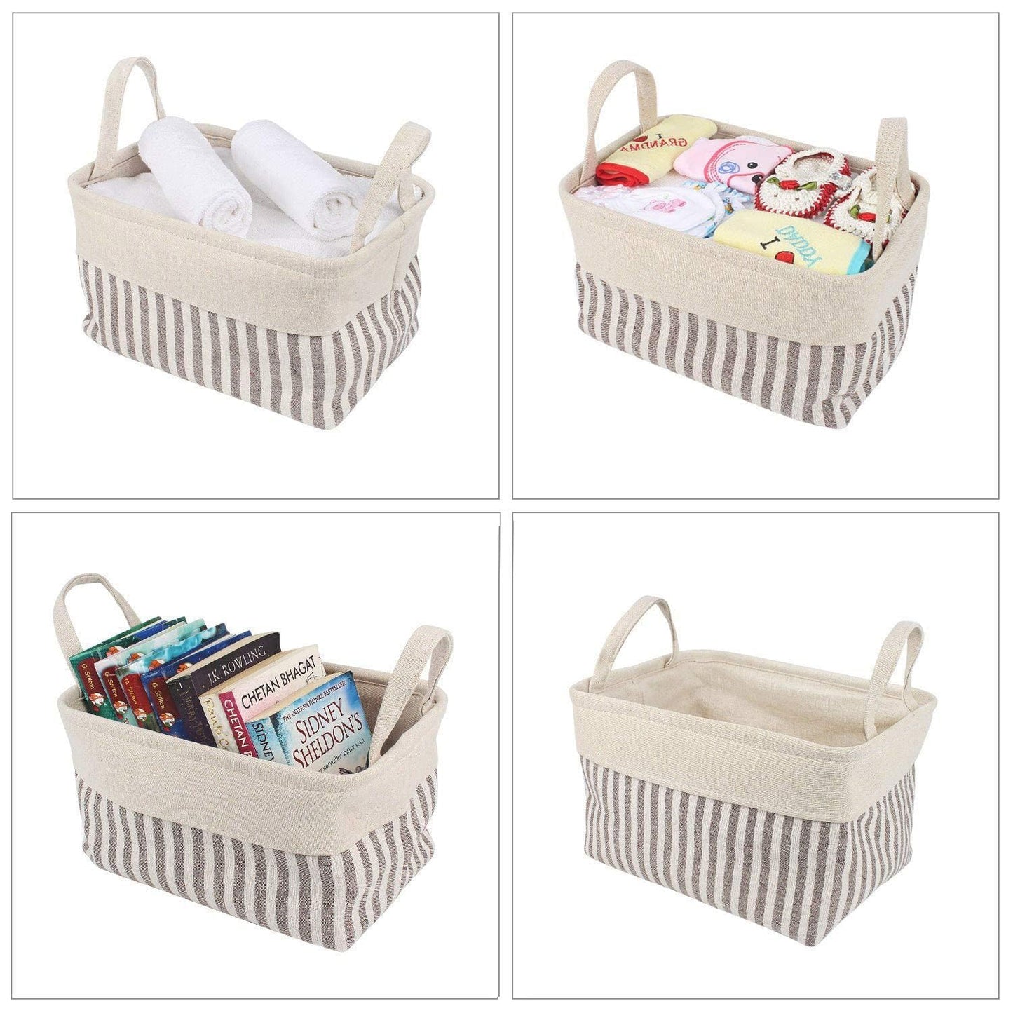 Cotton Foldable Storage Basket Bins - Pack of 2, Brown Stripes