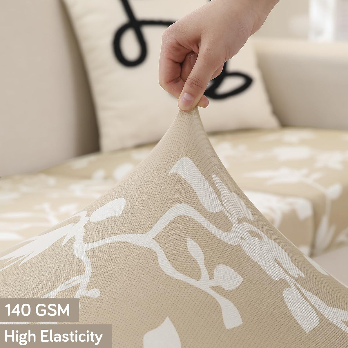 140 GSM Stretchable Printed Elastic Sofa Cushion Seat Cover for 1 /2 /3 Seaters / Pieces for Sofa, Buff Brown Sillehoute Floral