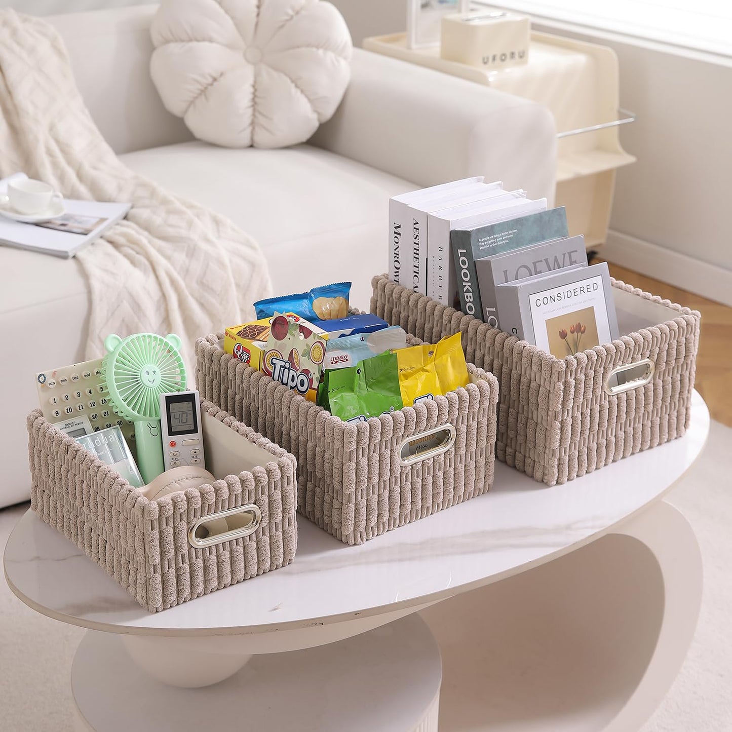 Plush Storage Organizer Baskets for Storage, Set of 3, Light Brown