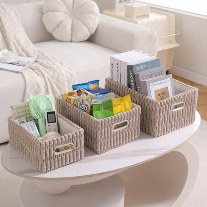 Plush Storage Organizer Baskets for Storage, Set of 3, Light Brown
