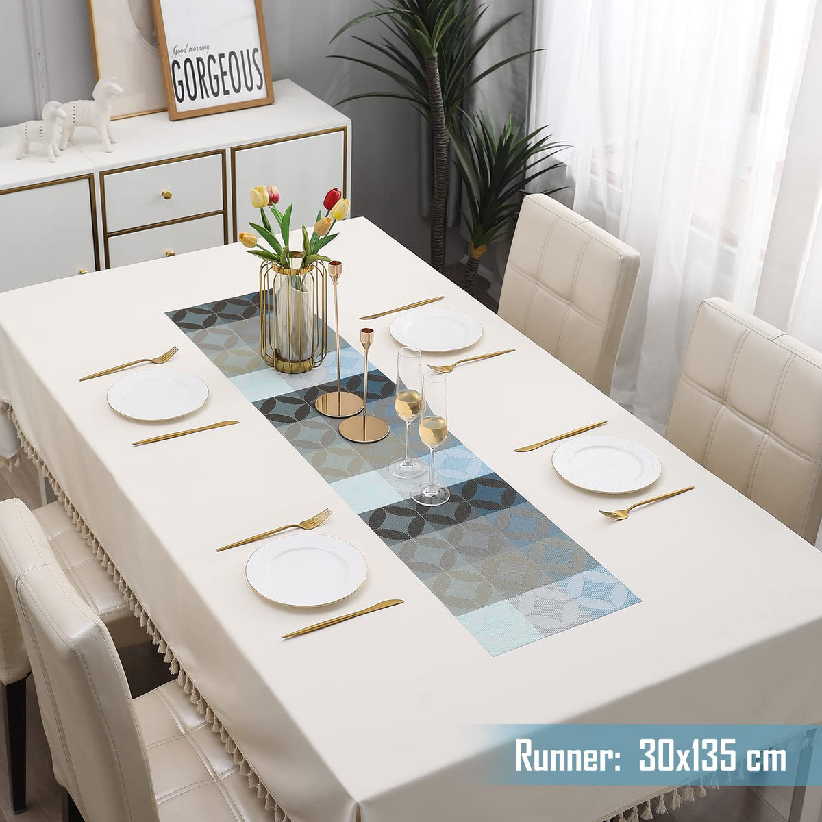 Buy Geometric Blue Colour PVC Table Runner for 4 Seater (30x135cm) | HOKIPO