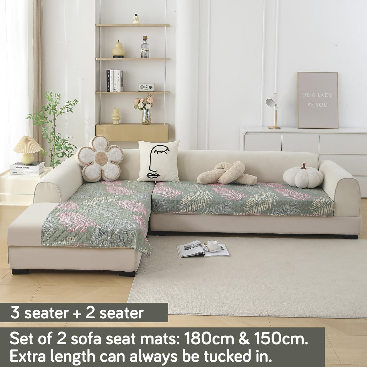 L Shape Sofa Cover Mat for 2+2/3+2/3+3 Seater, Quilted Printed Tropical Leaves Pastel Green