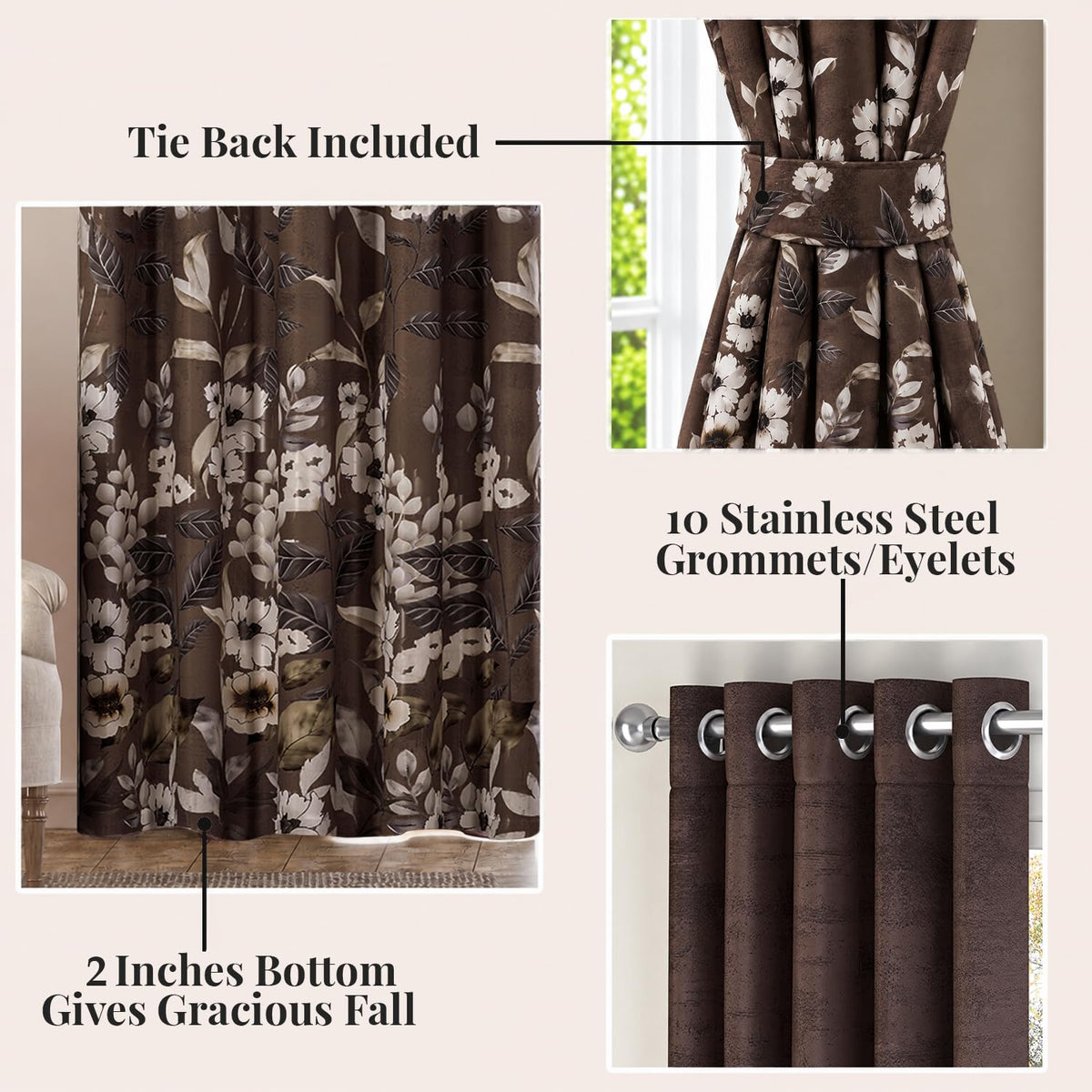 HOKIPO Twilight Curtains, 7 Feet Long - Moonlit Blossom Mocha Brown - image 3