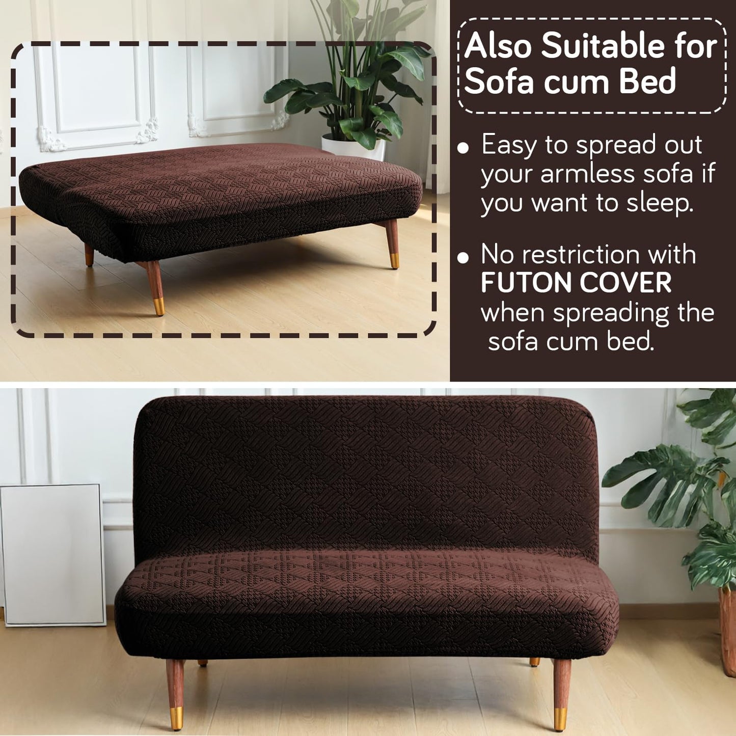 Luxurious Stretchable Spandex Jacquard Sofa-Cum-Bed Cover for Futon – Brown