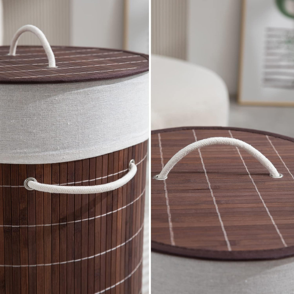 Eco-Friendly Foldable Bamboo Laundry Basket Hamper with Lid, Large - 57 Liter, Coffee Brown