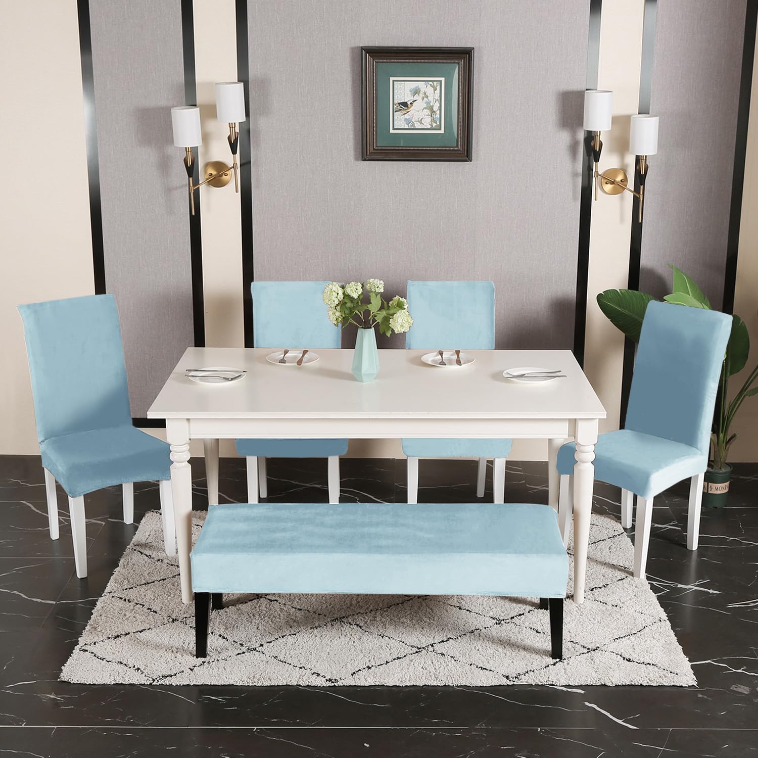 Elastic Fitted Dining Bench Slipcover, Sky Blue