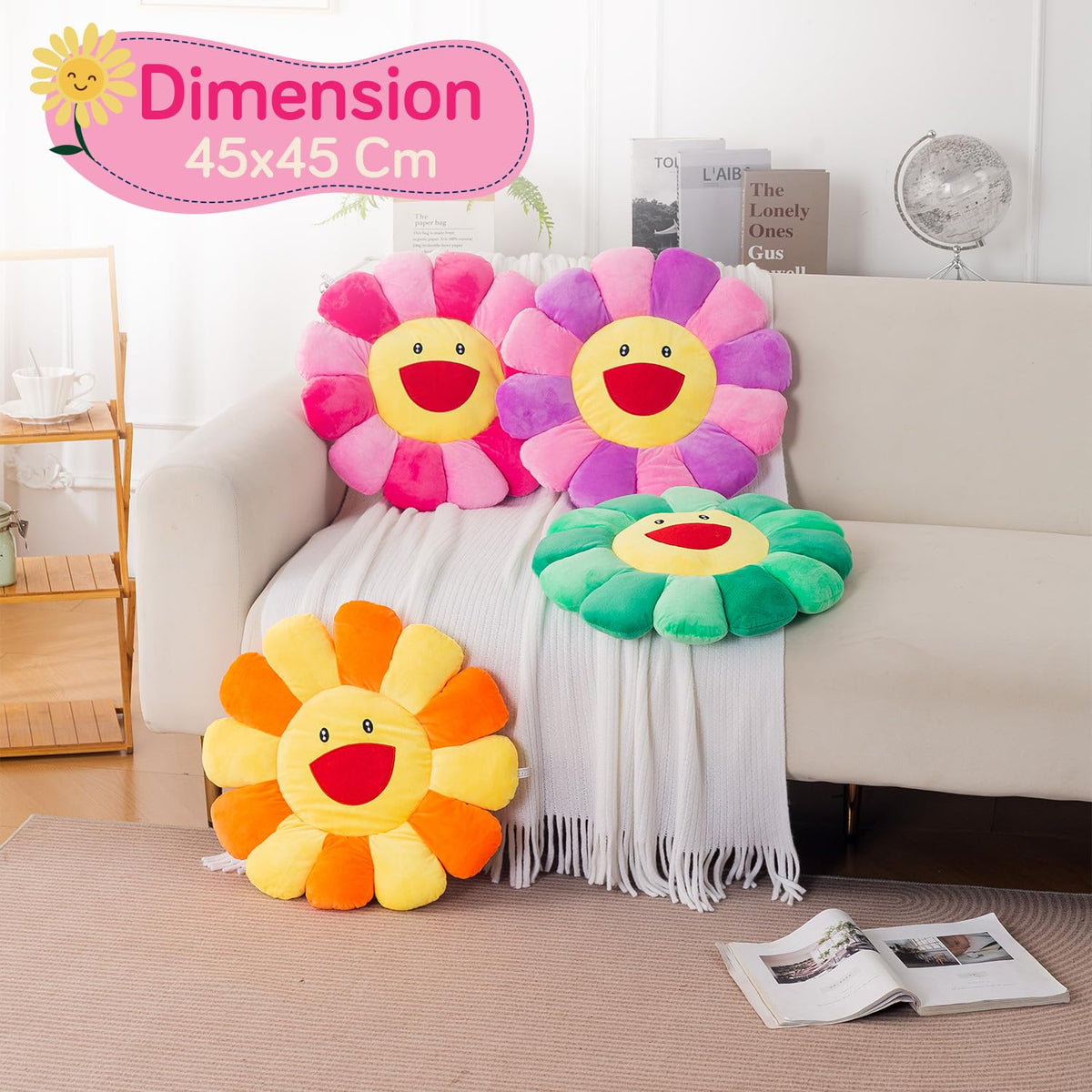 HOKIPO Smiley Sunflower Cushion for Sofa & Bed, 45 cm, Pink