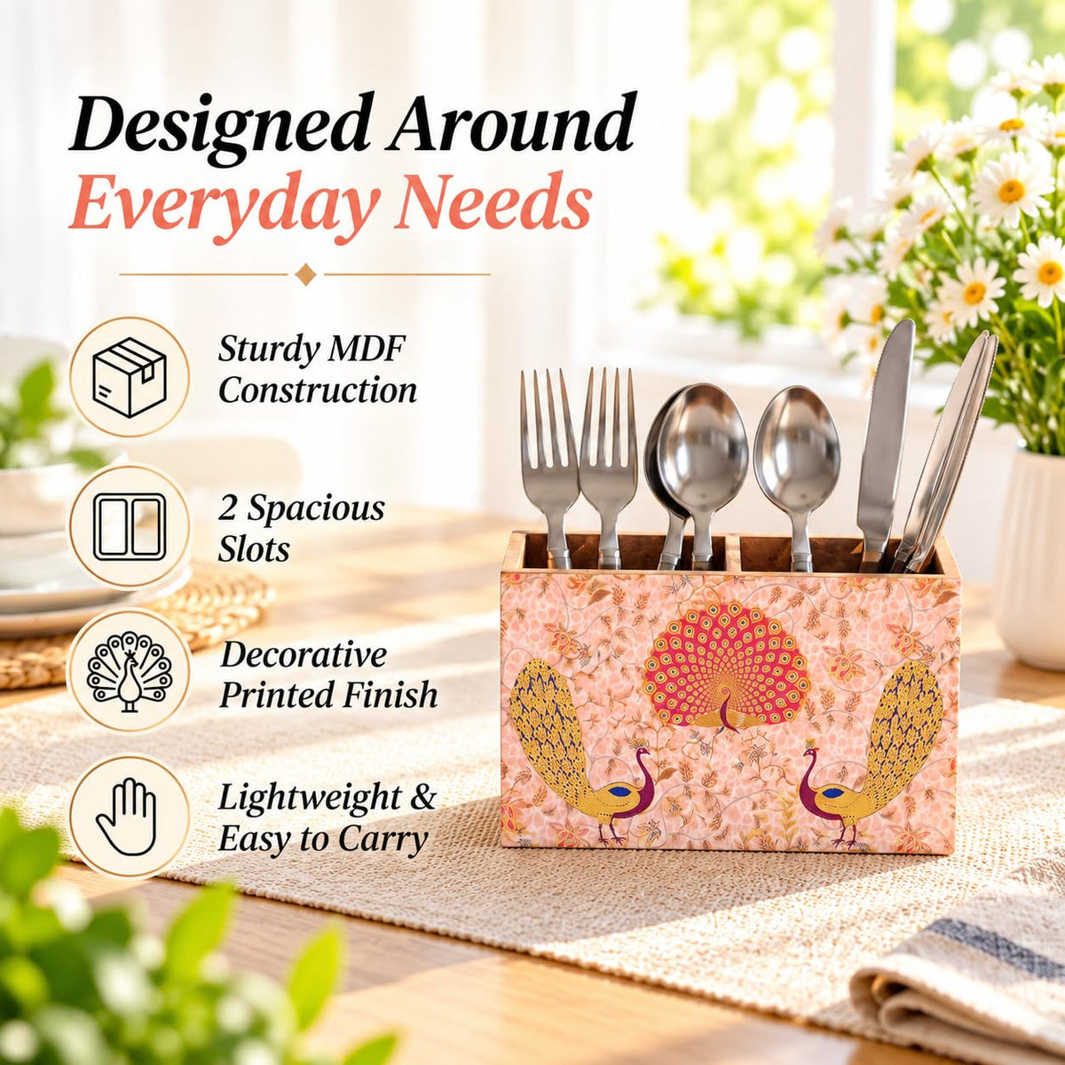 HOKIPO Cutlery Holder for Dining Table, Engineered Wood, Gulabi Mayurvan - image 8