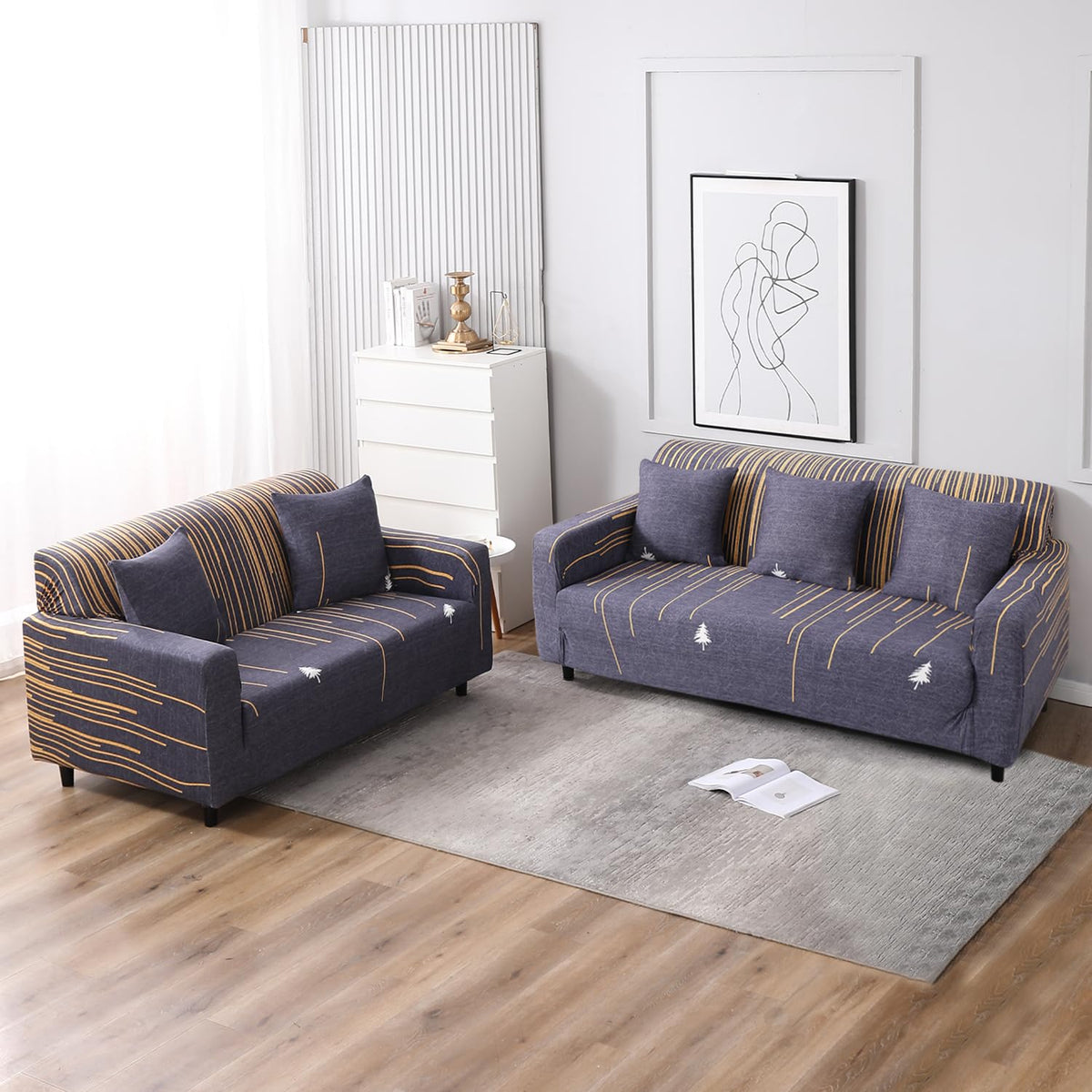 Elastic Stretchable Printed Sofa Cover, Midnight Blue Lines