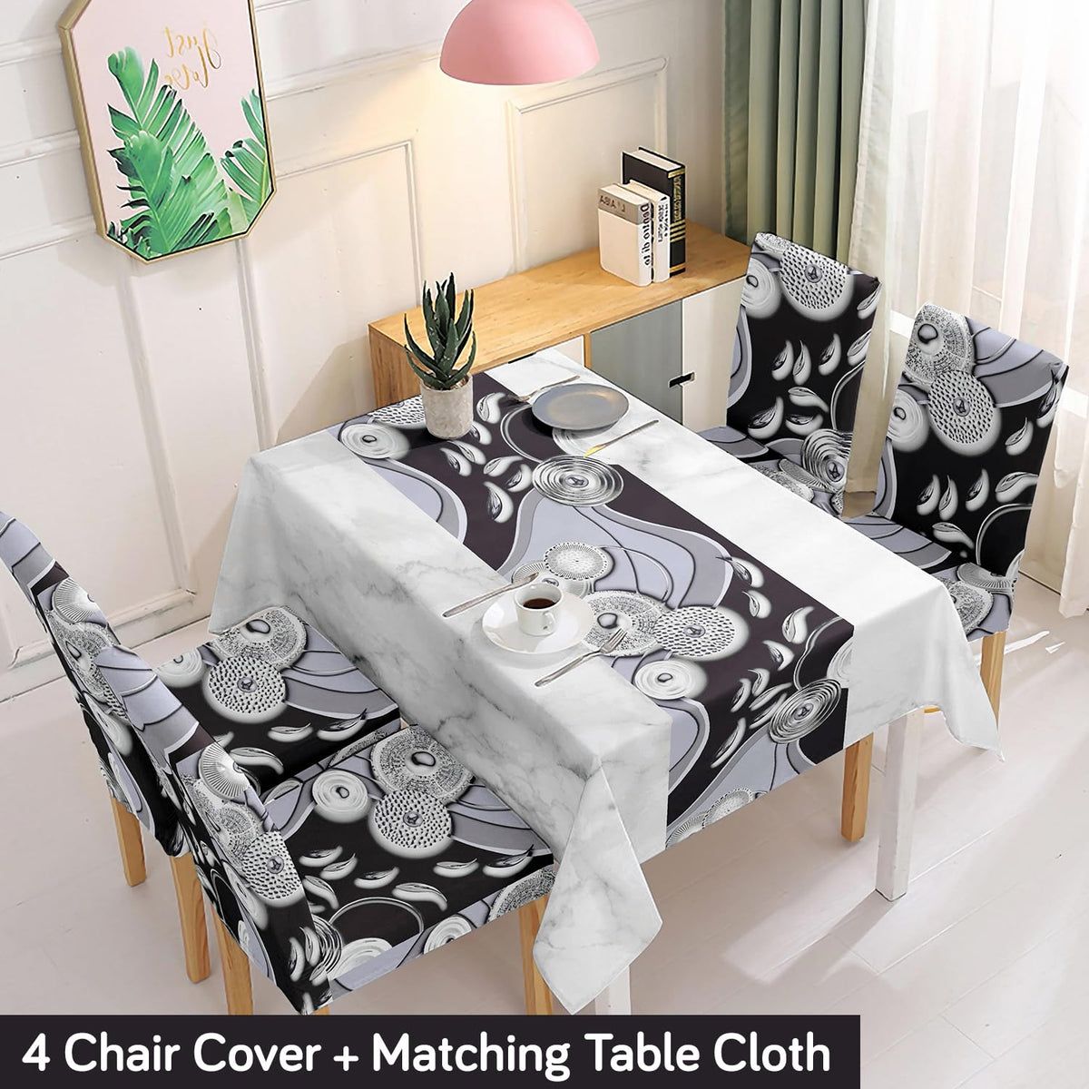 Black Printed Dining Set Cover | 4/6 Seater