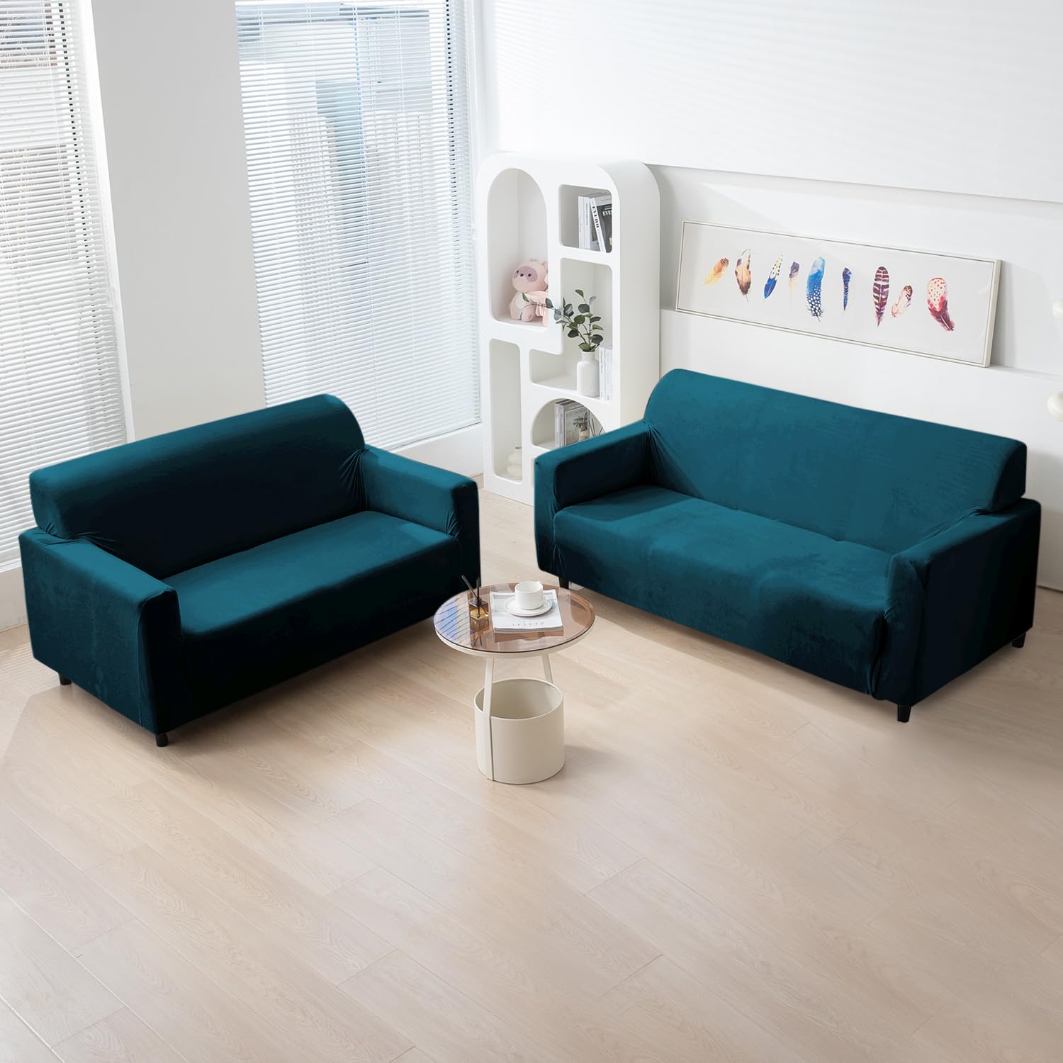 Peacock Blue premium elastic velvet sofa cover​ for 3+2 seater sofa set