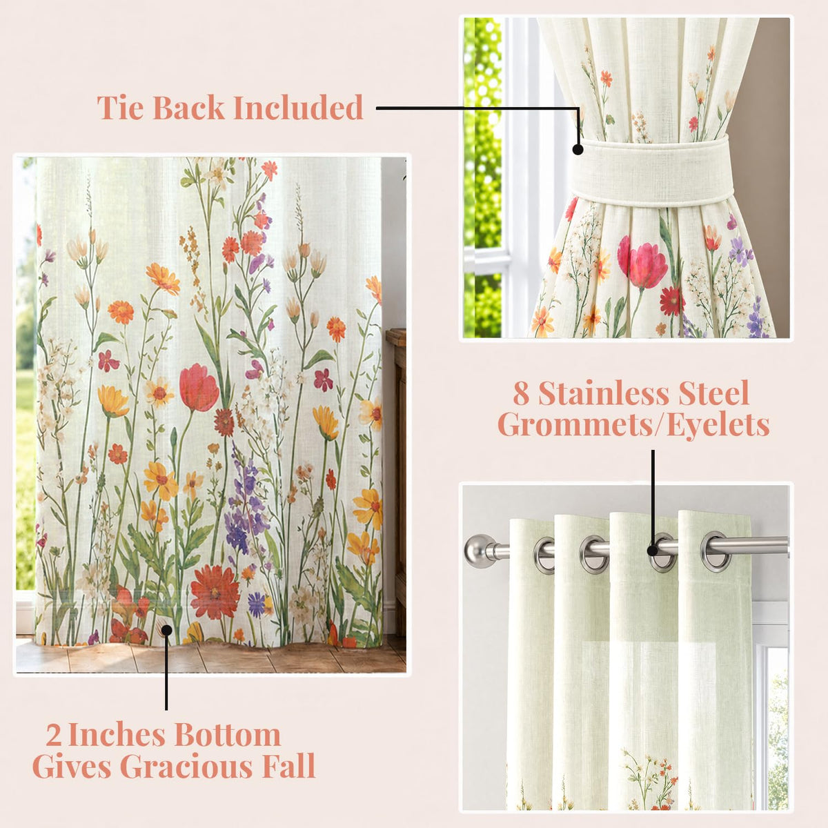 HOKIPO Meadow Bloom Sheer Curtains, 7 Feet Long - Wildflower Garden - image 4
