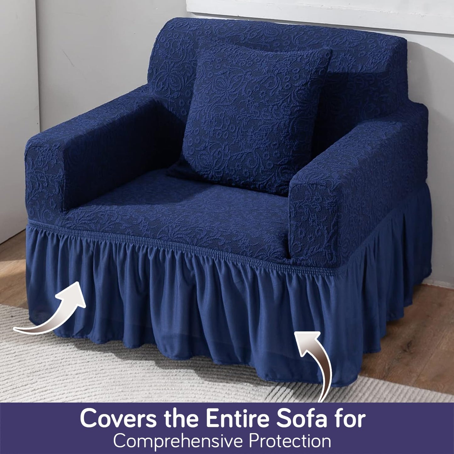 Elastic Stretchable Designer Woven Jacquard Sofa Cover with Frill, Navy Blue