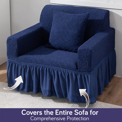 Elastic Stretchable Designer Woven Jacquard Sofa Cover with Frill, Navy Blue