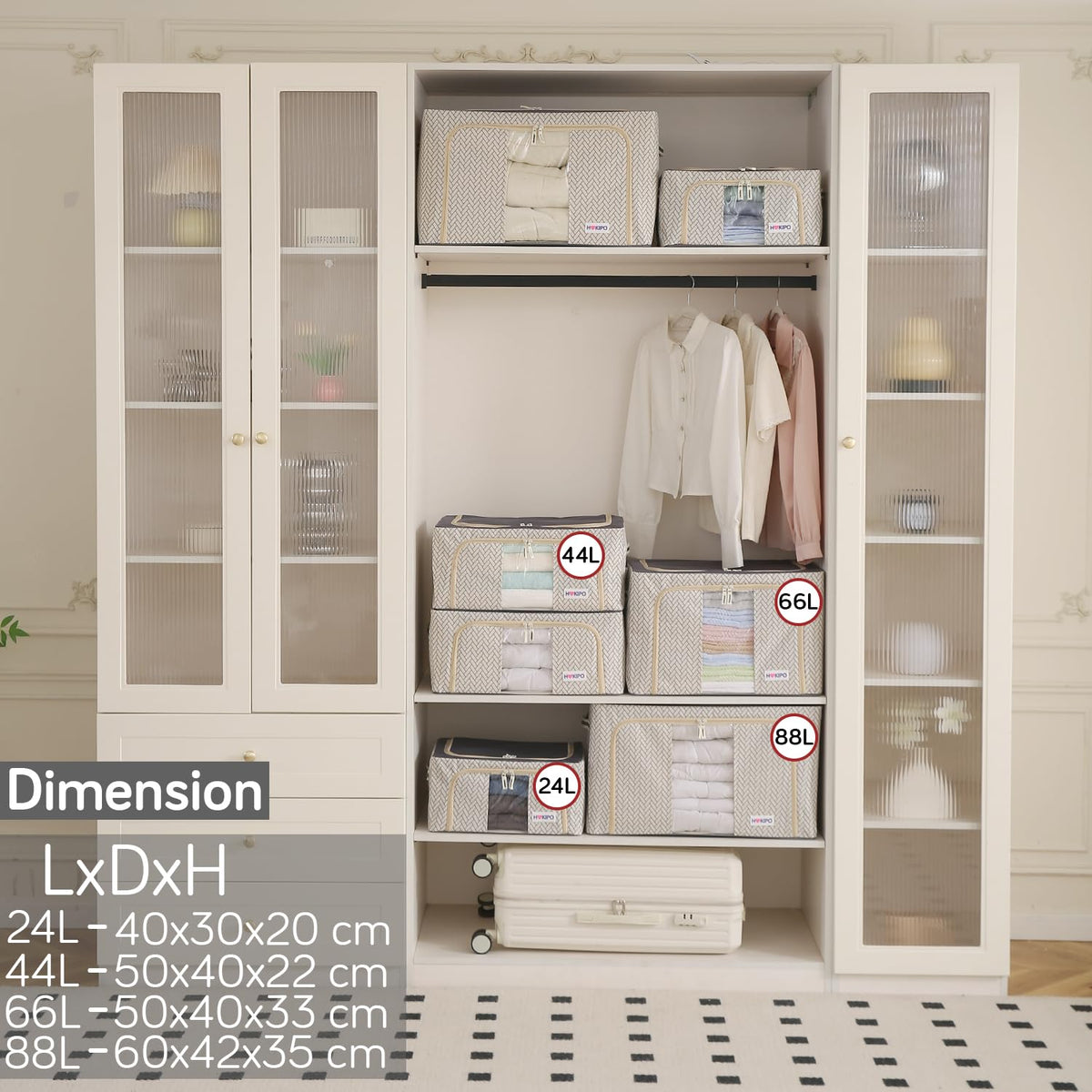 Wardrobe Organizer Storage Box | Foldable Cloth Storage Boxes with Metal Frame & Window | 600D Oxford Fabric, Cream Mist