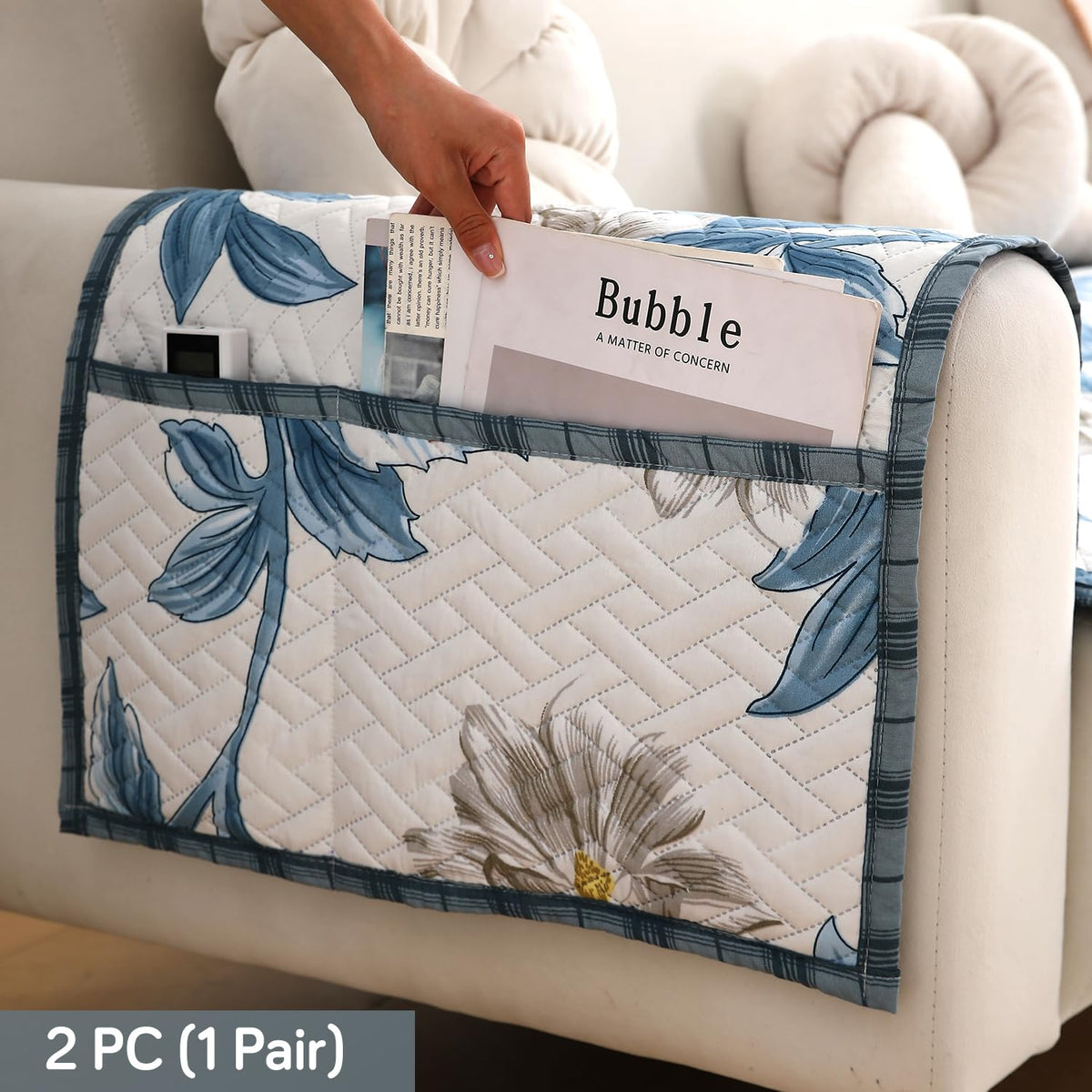 'Homehues' Printed Quilted Sofa Cover Mats, Celadon Blue Camellia