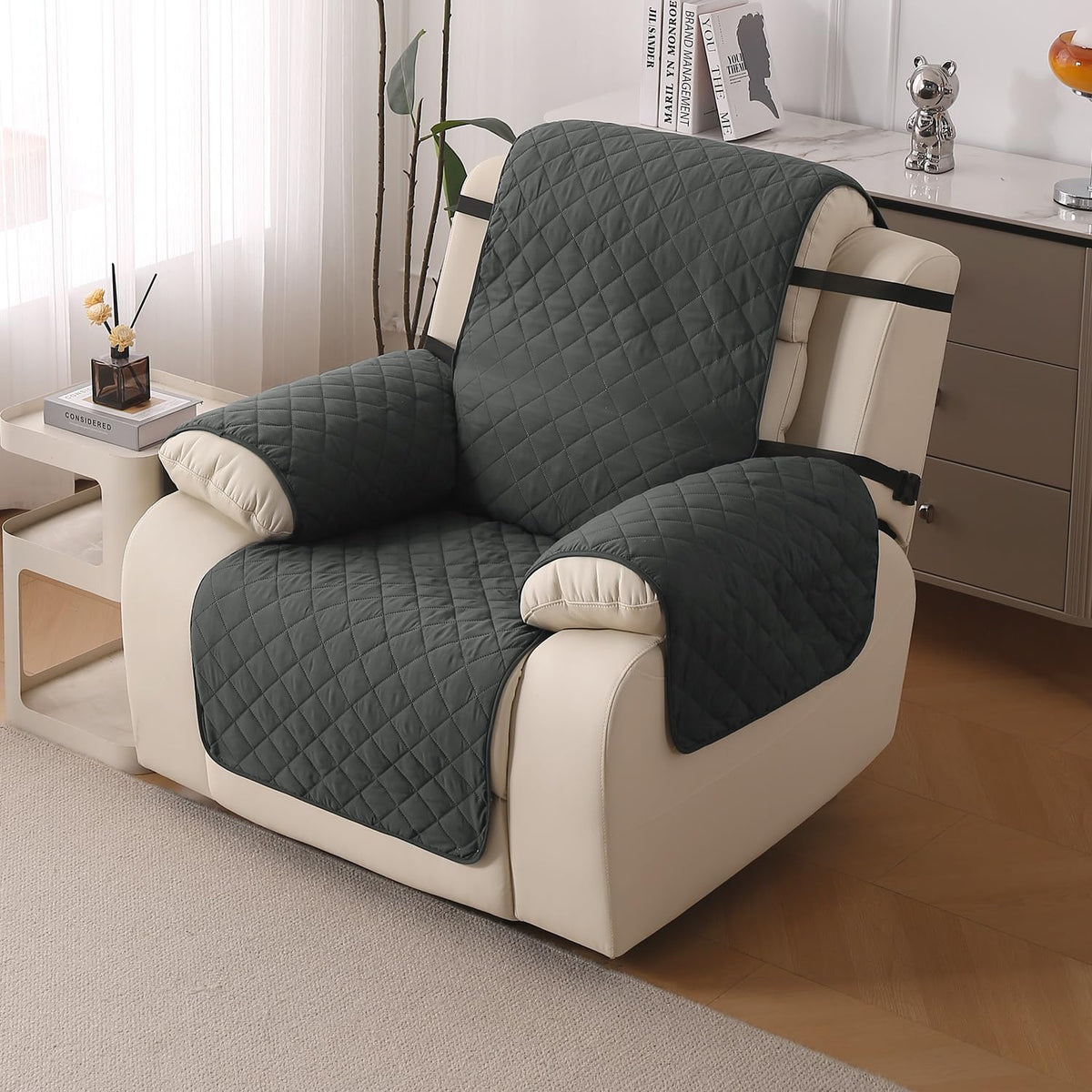 UrbanQuilt Recliner Sofa Slipcover Mat with Dual Belt for 1/2/3 Seater - Anchor Grey