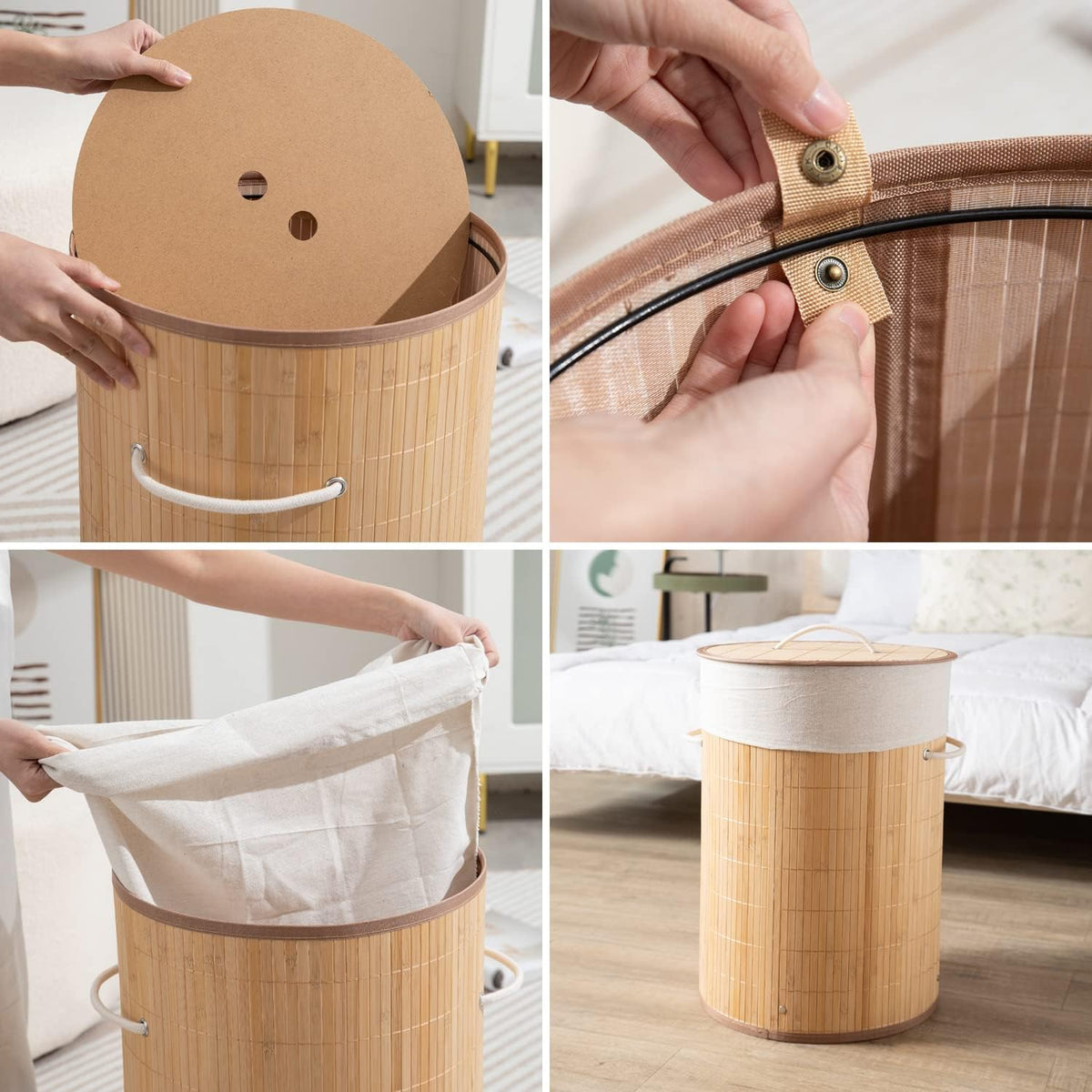 Eco-Friendly Foldable Bamboo Laundry Basket Hamper with Lid, Large - 57 Liter, Light Brown