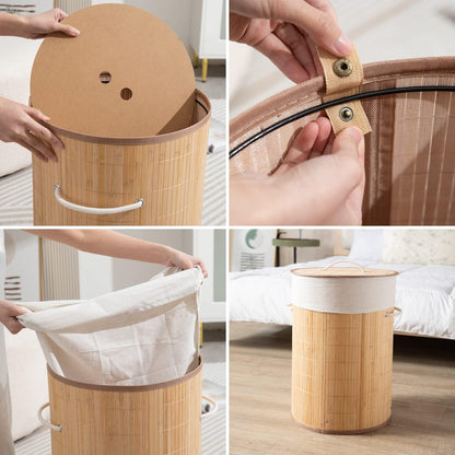 Eco-Friendly Foldable Bamboo Laundry Basket Hamper with Lid, Large - 57 Liter, Light Brown