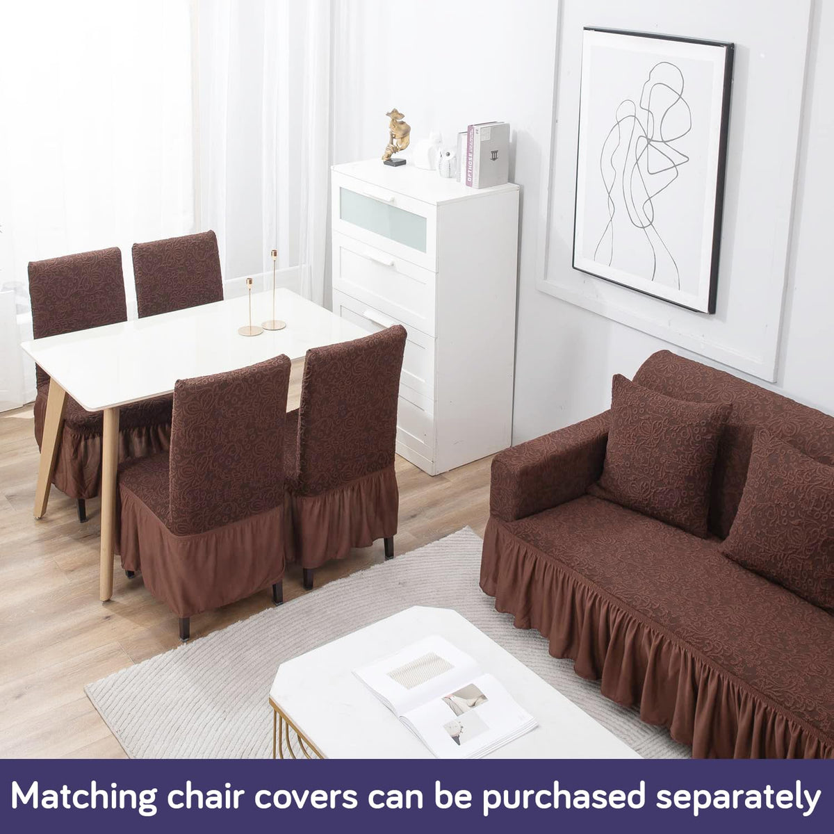 Elastic Stretchable Designer Woven Jacquard Sofa Cover with Frill , Pecan Brown