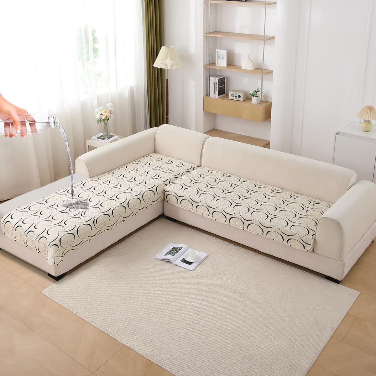 Waterproof Printed Quilted Quick Dry L Shape Sofa Seat Cover Mat, Natural Beige Abstract Art