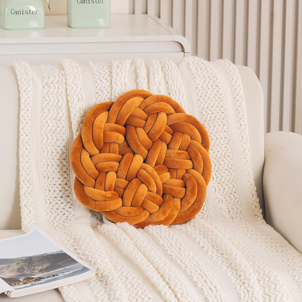 HOKIPO Round Braided Knot Cushion for Bed, Couch & Chair, 36 cm, Brown
