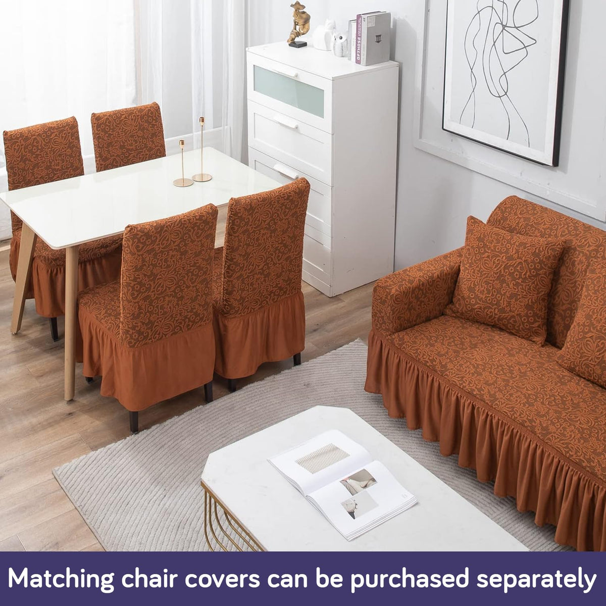 Elastic Stretchable Designer Woven Jacquard Sofa Cover with Frill, Caramel Brown