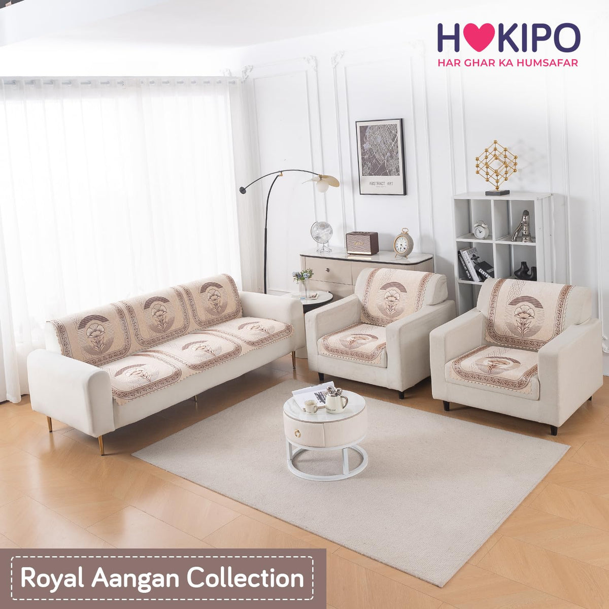 Royal Aangan Premium Chenille Jacquard Sofa Cover 5 Seater Set 3+1+1 Sofa Cover for Seat & Back, Noor Beige