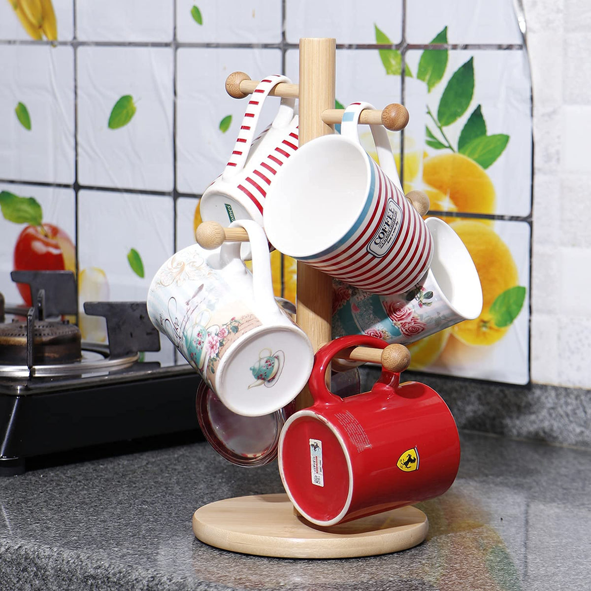 Wood Eco-Friendly Bamboo Mug Holder Stand For Kitchen Counter Dining Table Mug Organizer, 35 X 16.5 cm