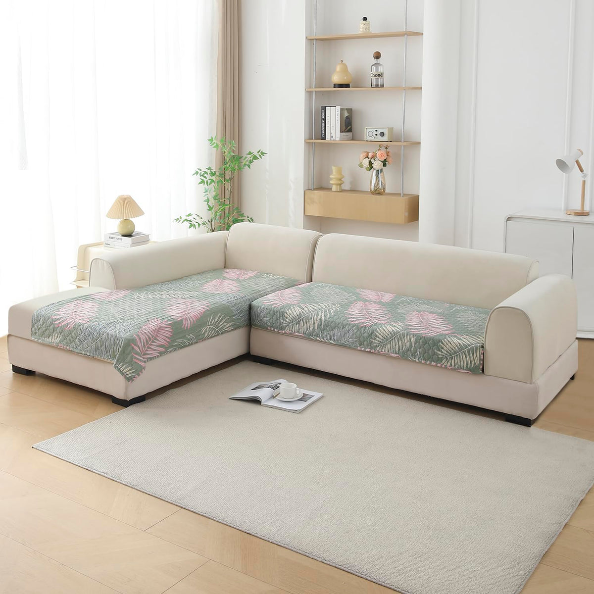 L Shape Sofa Cover Mat for 2+2/3+2/3+3 Seater, Quilted Printed Tropical Leaves Pastel Green