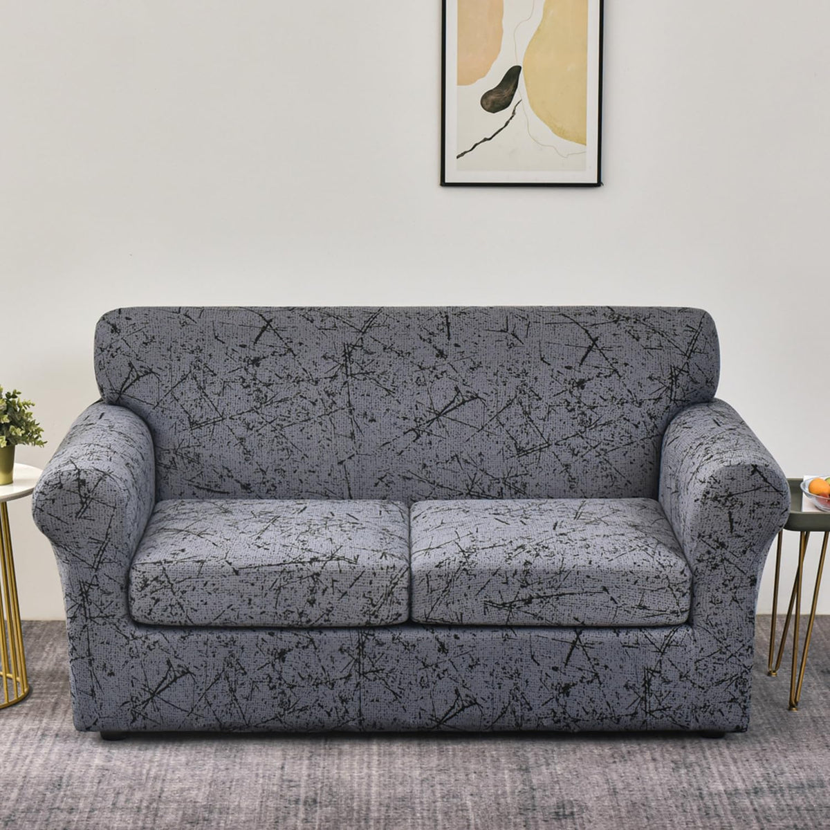 Printed Stretchable Sofa Slipcover with 1/2/3 Pc Separate Seat Cushion Cover for each 1/2/3 Seater, Intense Grey Splatter