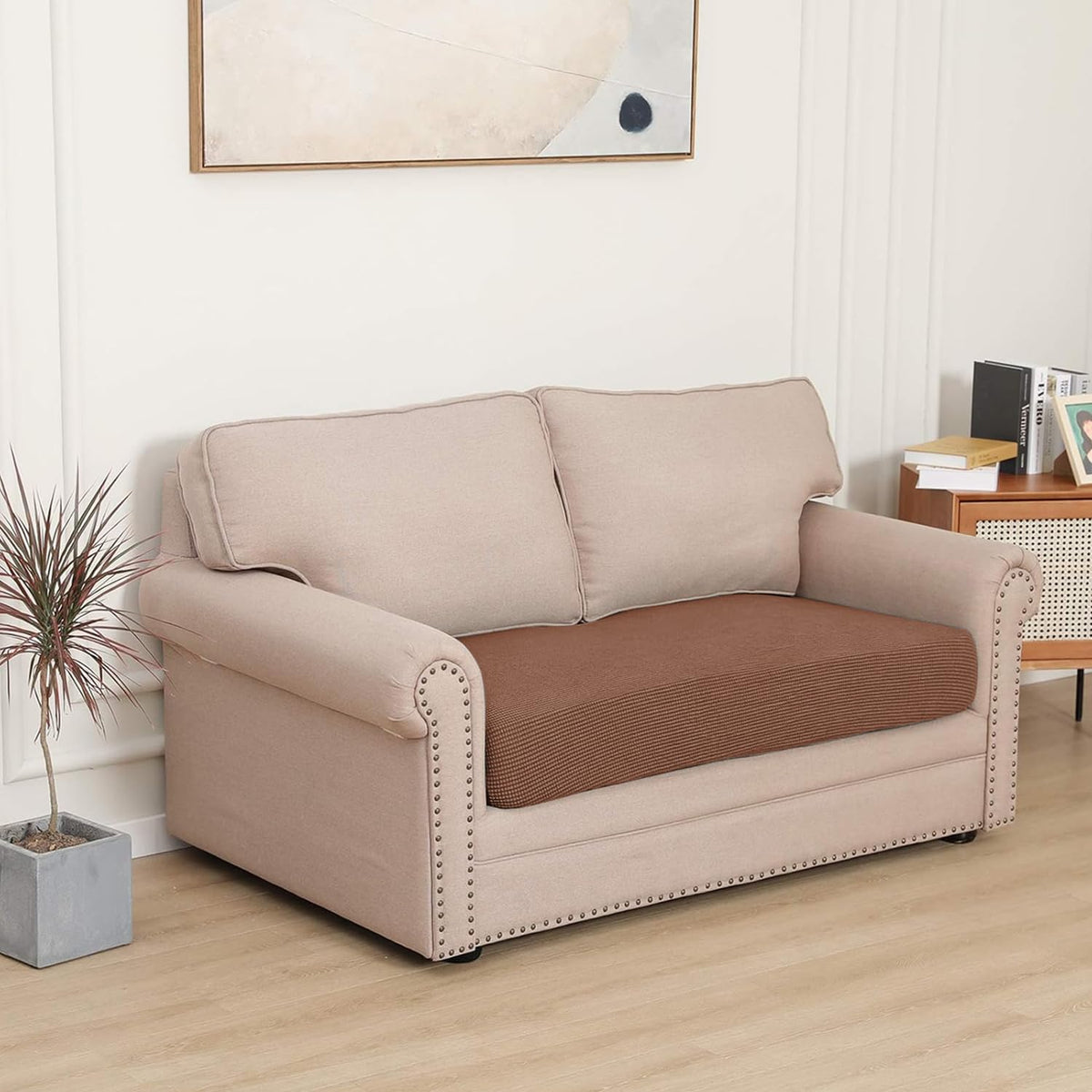 Stretchable Thick Jacquard Textured Seat Cushion Cover for 1/2/3 Seaters / Pieces for Sofa, Brown