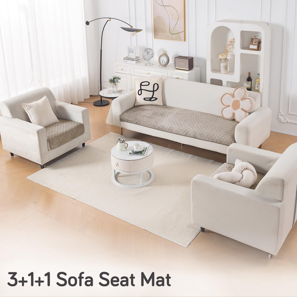 Premium Velvety Quilted Softline 5-Seater Sofa Cover (3+1+1), Latte Brown
