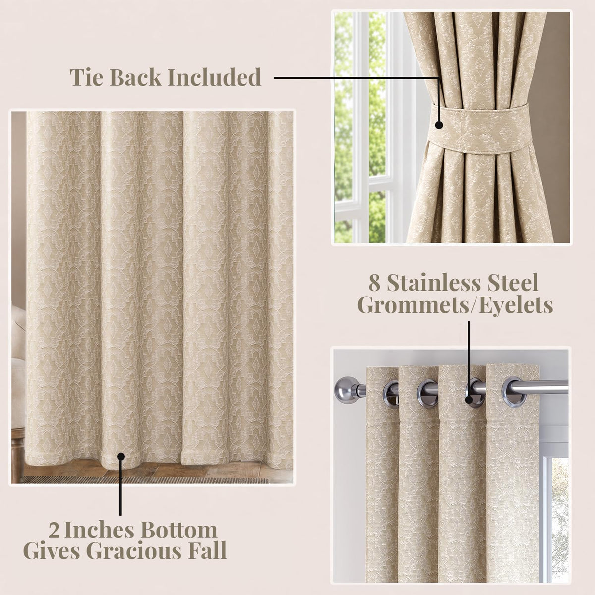 HOKIPO Marrakesh Jacquard Eyelet Curtains, 7 Feet Long - Beige - image 4