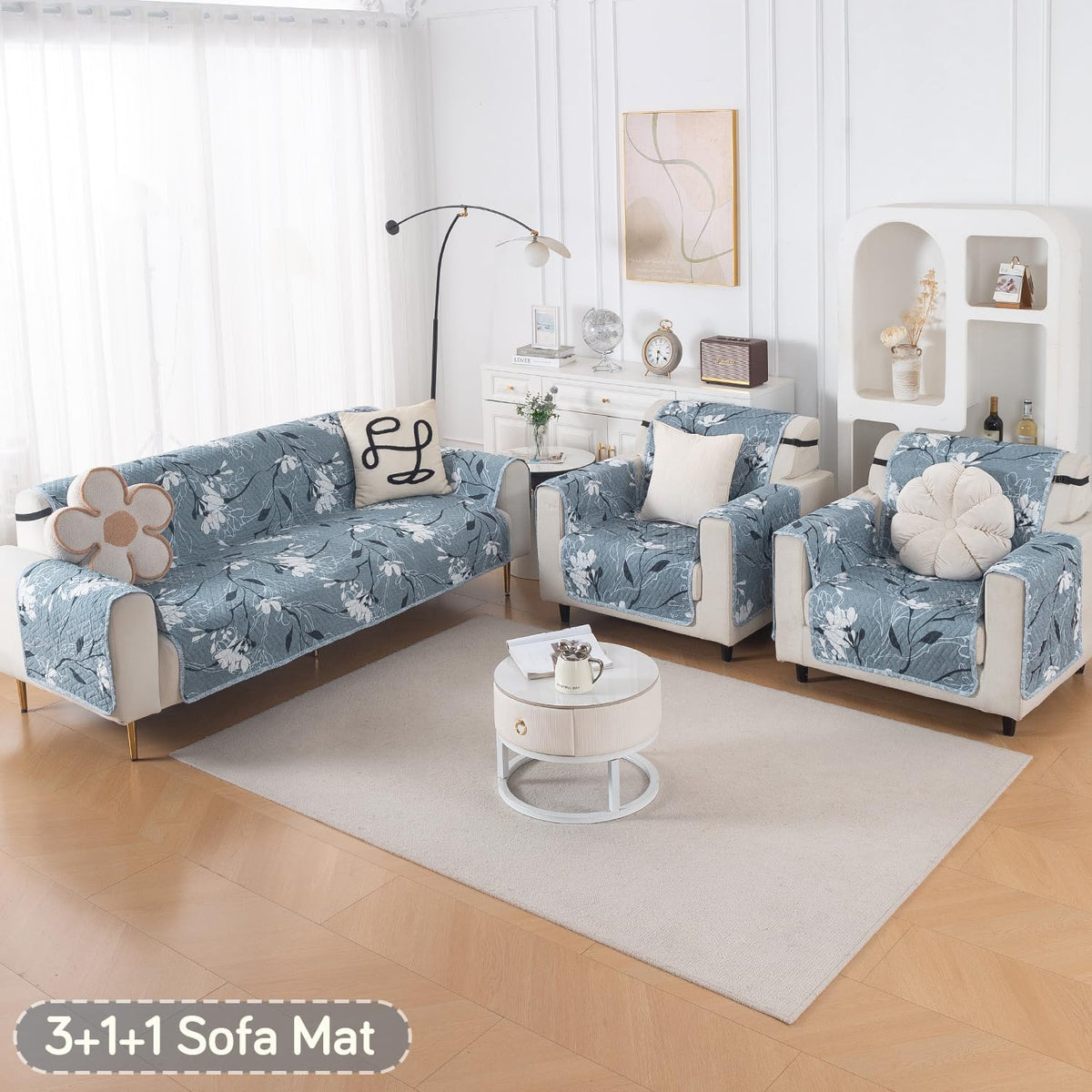 Easy Drape Reversible Quilted 5-Seater Sofa Cover (3+1+1), Blue Blossom